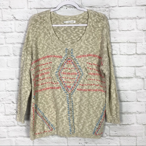 Maurices Sweaters - Maurices Size2 Beige Knit Boho Embroidered Sweater